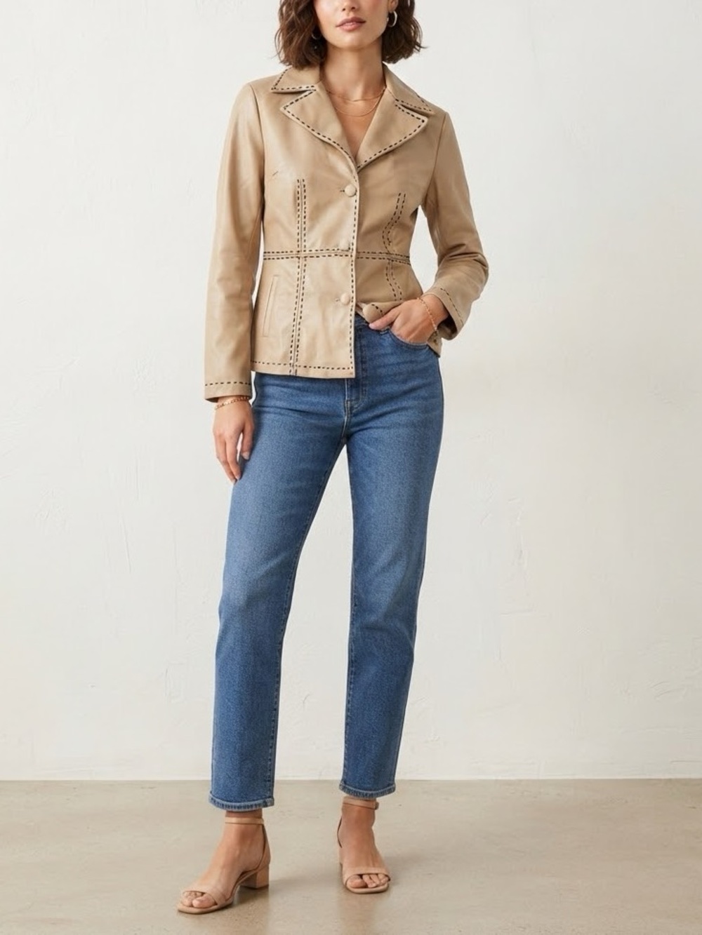 Wet Seal Taupe Leather Jacket with Contrast Stitching